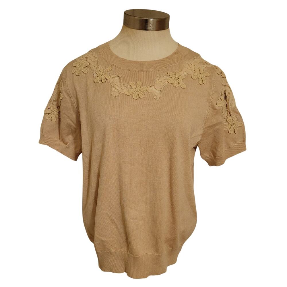 Indigo Rose Floral Lace Trim Pullover Short Sleeve Sweater Beige Womens Size L